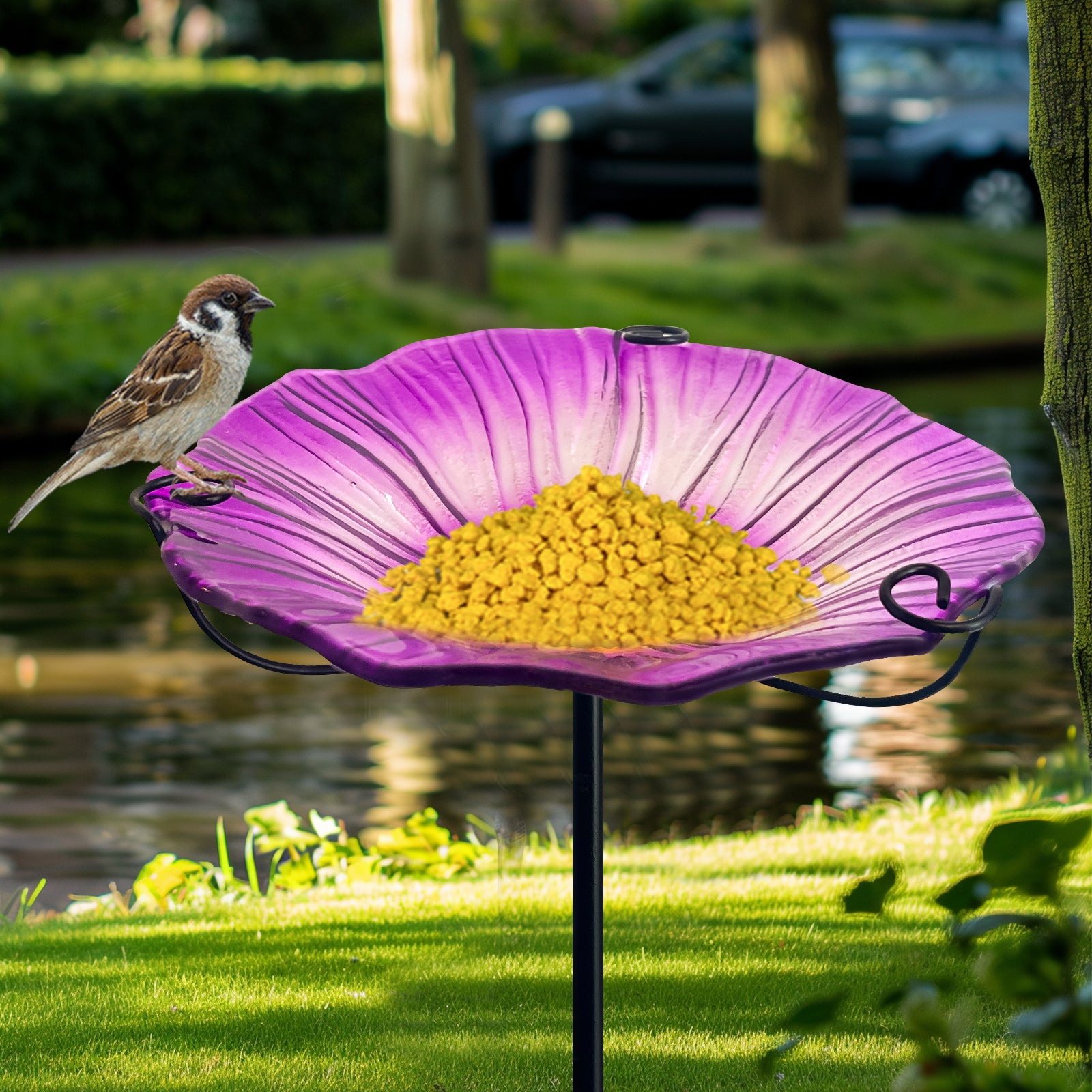 Purple Glass Flower Bird Bath Feeder Garden Stake