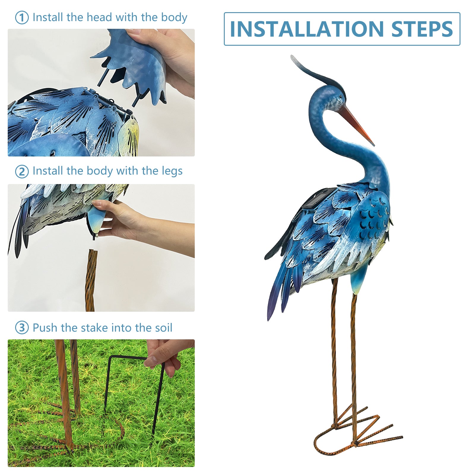 Solar Powered Heron Statue 30 Inch Garden Decor Outdoor LED