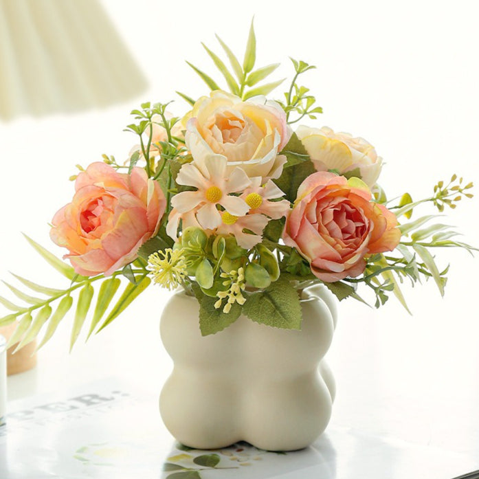 Faux Rose Flower Arrangement Ceramic Bubble Pot Decor