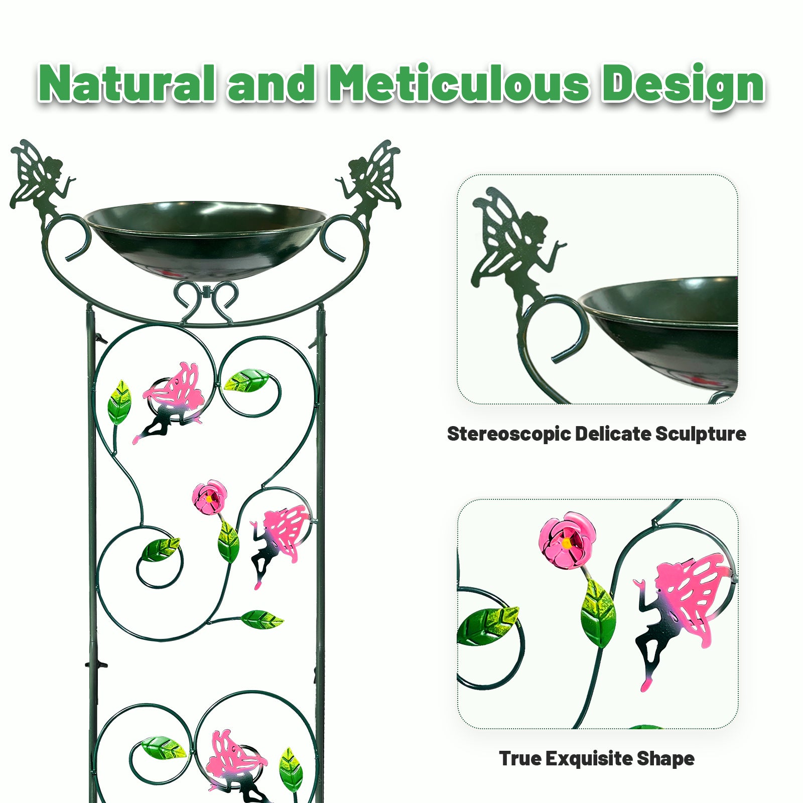 Green Fairy Metal Bird Bath Feeder with Flower Stand 36in