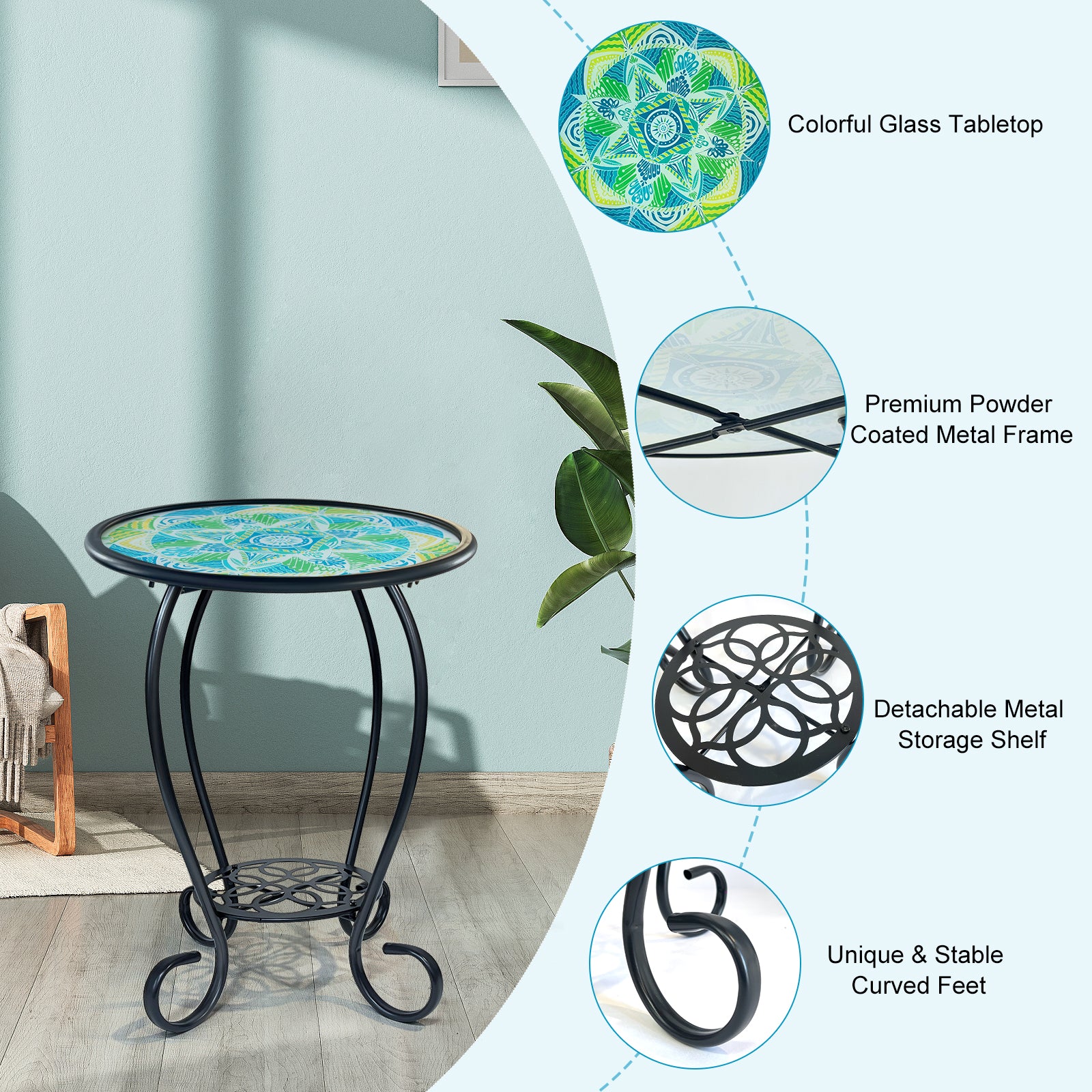 Mandala Mosaic Glass Side Table 14 Inch Metal Frame Outdoor Indoor
