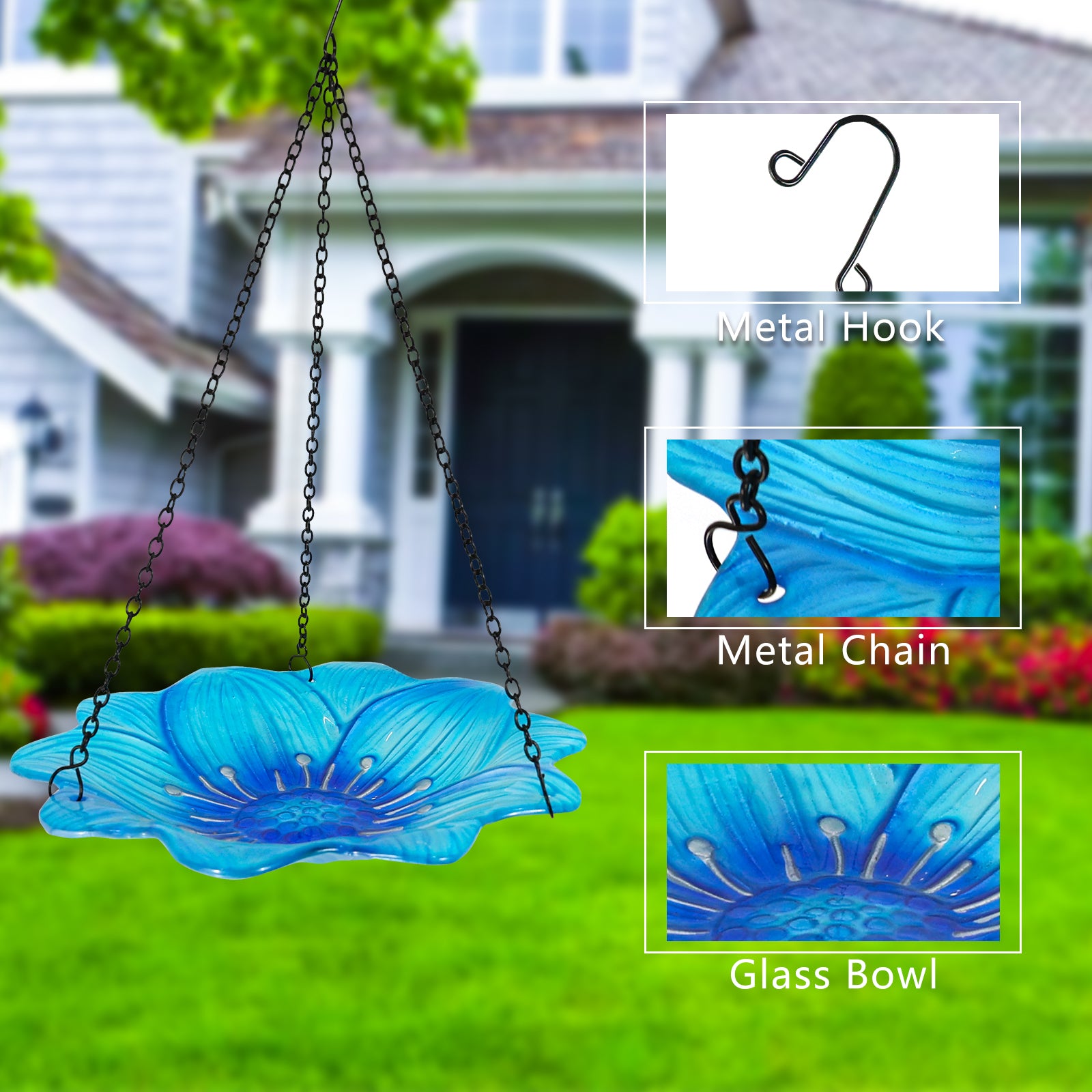 Blue Glass Hanging Bird Feeder Garden Outdoor Decor