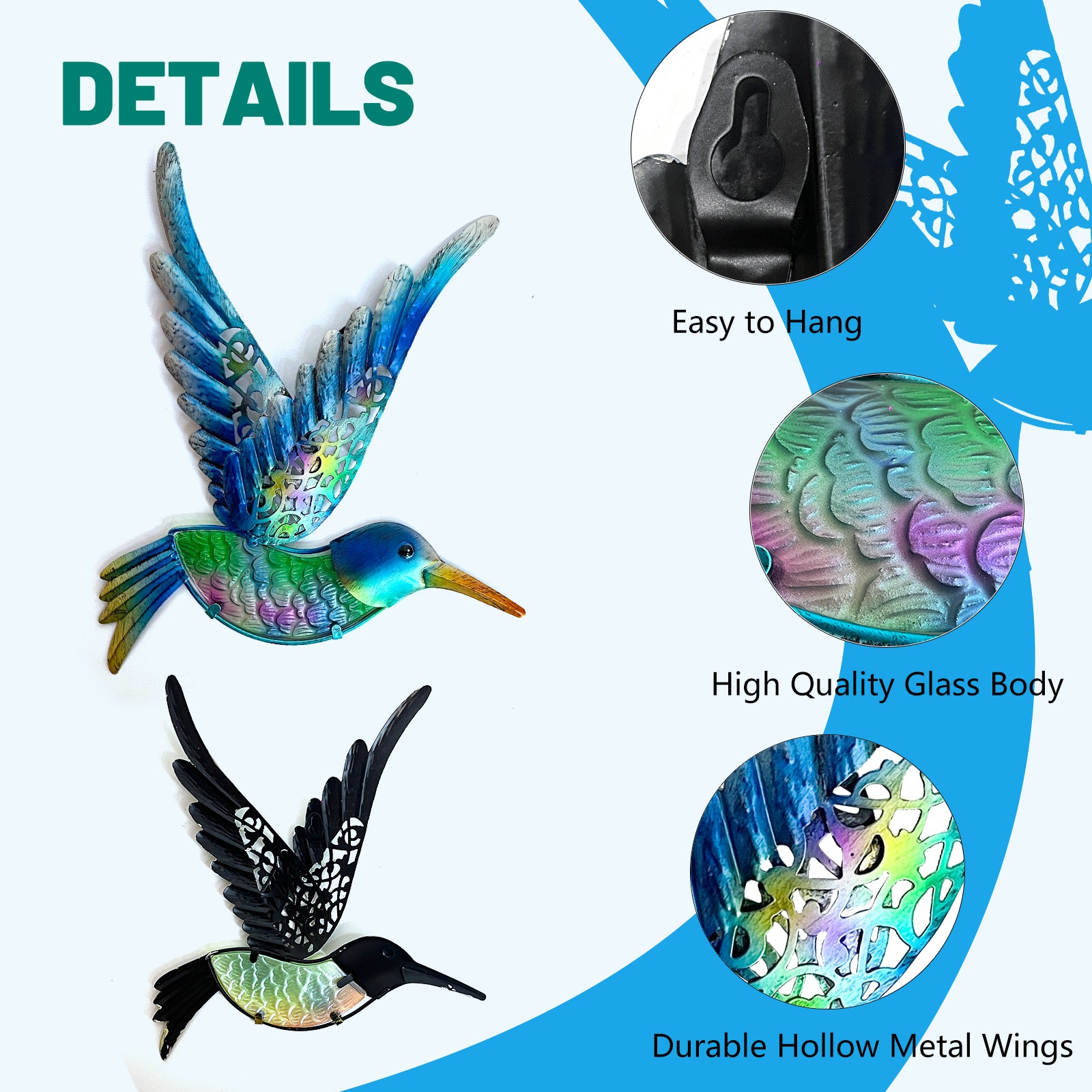 Outdoor Metal Hummingbird Wall Art Glass Garden Decor Set