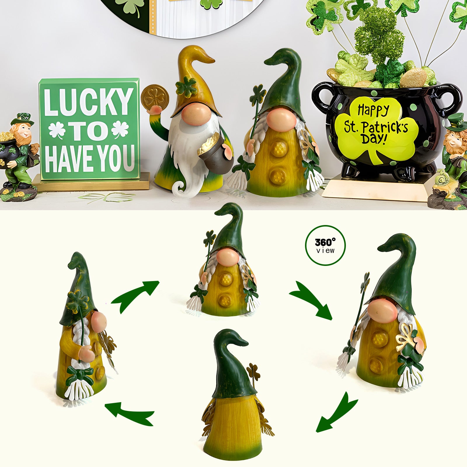 St Patrick Day Metal Gnome Statue Set of 2 Outdoor Yard Decor