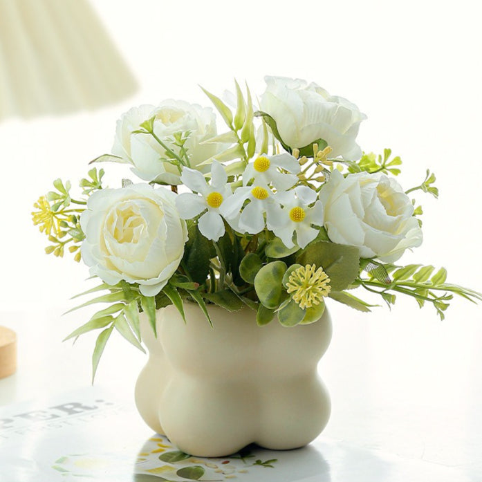 Faux Rose Flower Arrangement Ceramic Bubble Pot Decor