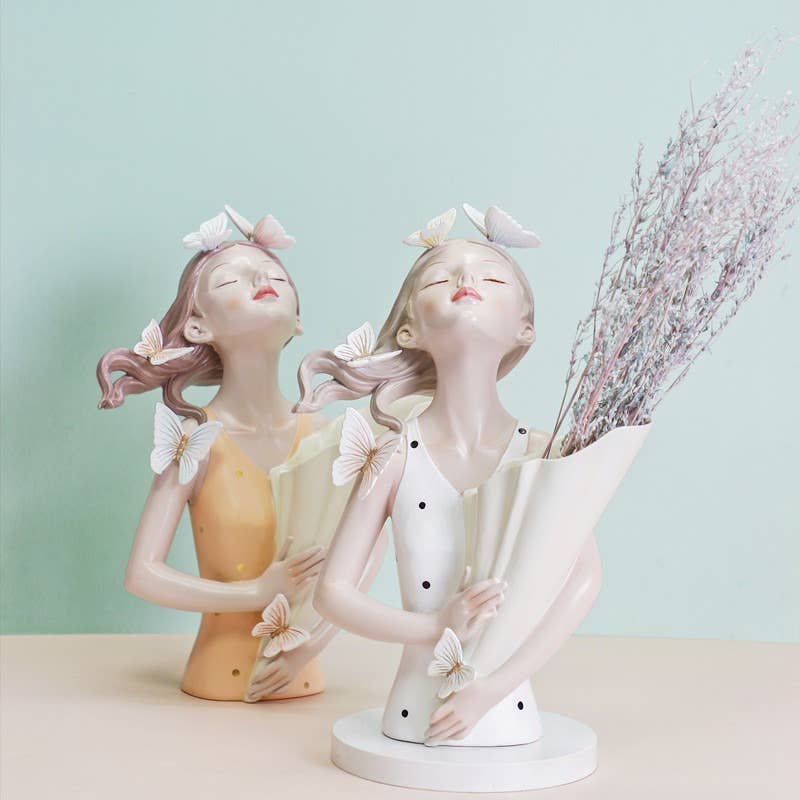 Nordic Girl Resin Flower Vase Modern Butterfly Sculpture