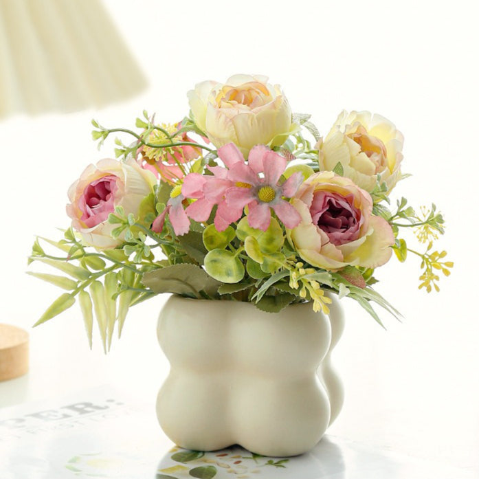Faux Rose Flower Arrangement Ceramic Bubble Pot Decor