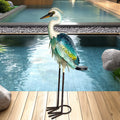 Blue Green Solar Metal Glass Heron Garden Statue 24in