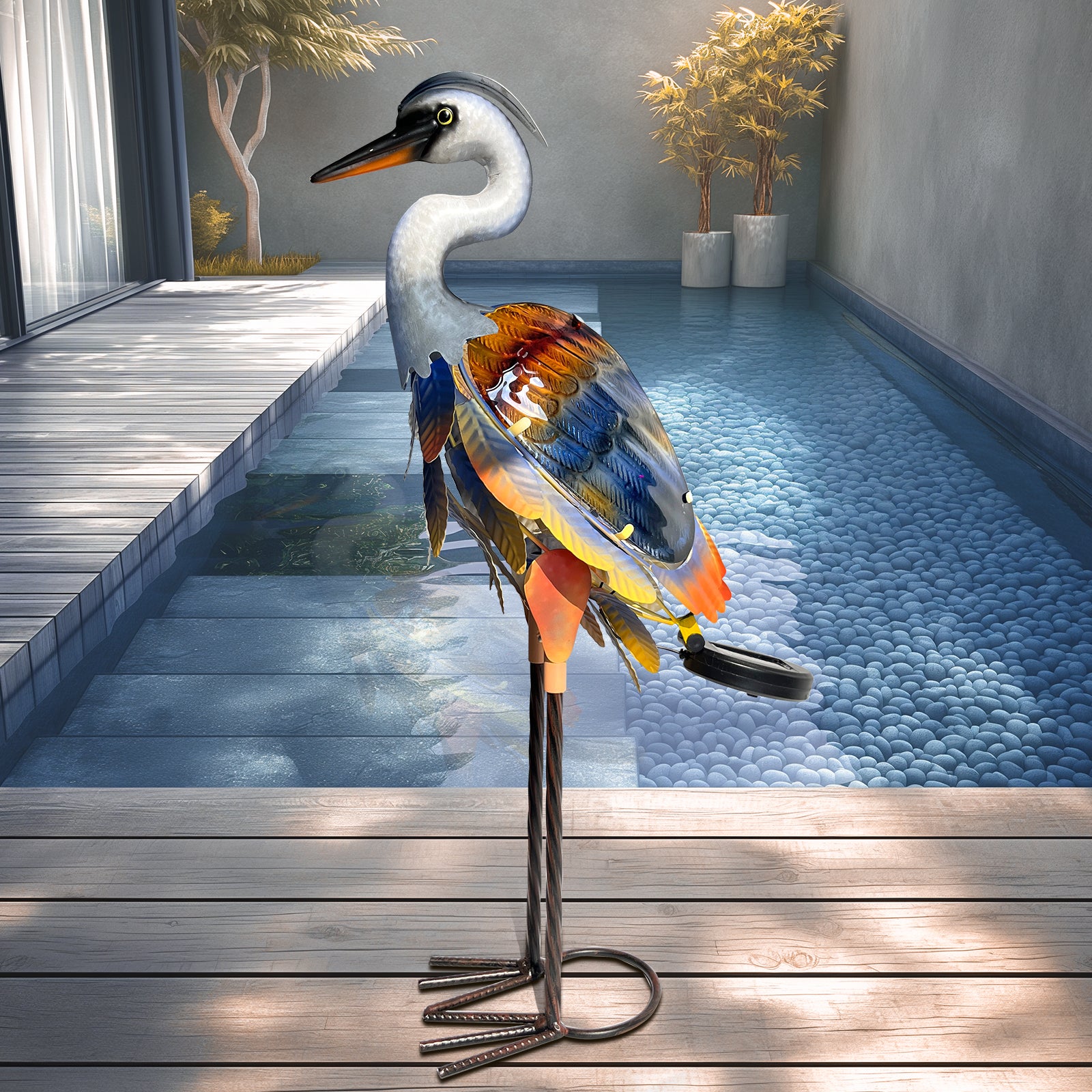 Orange Purple Solar Metal Glass Heron Garden Statue 24in
