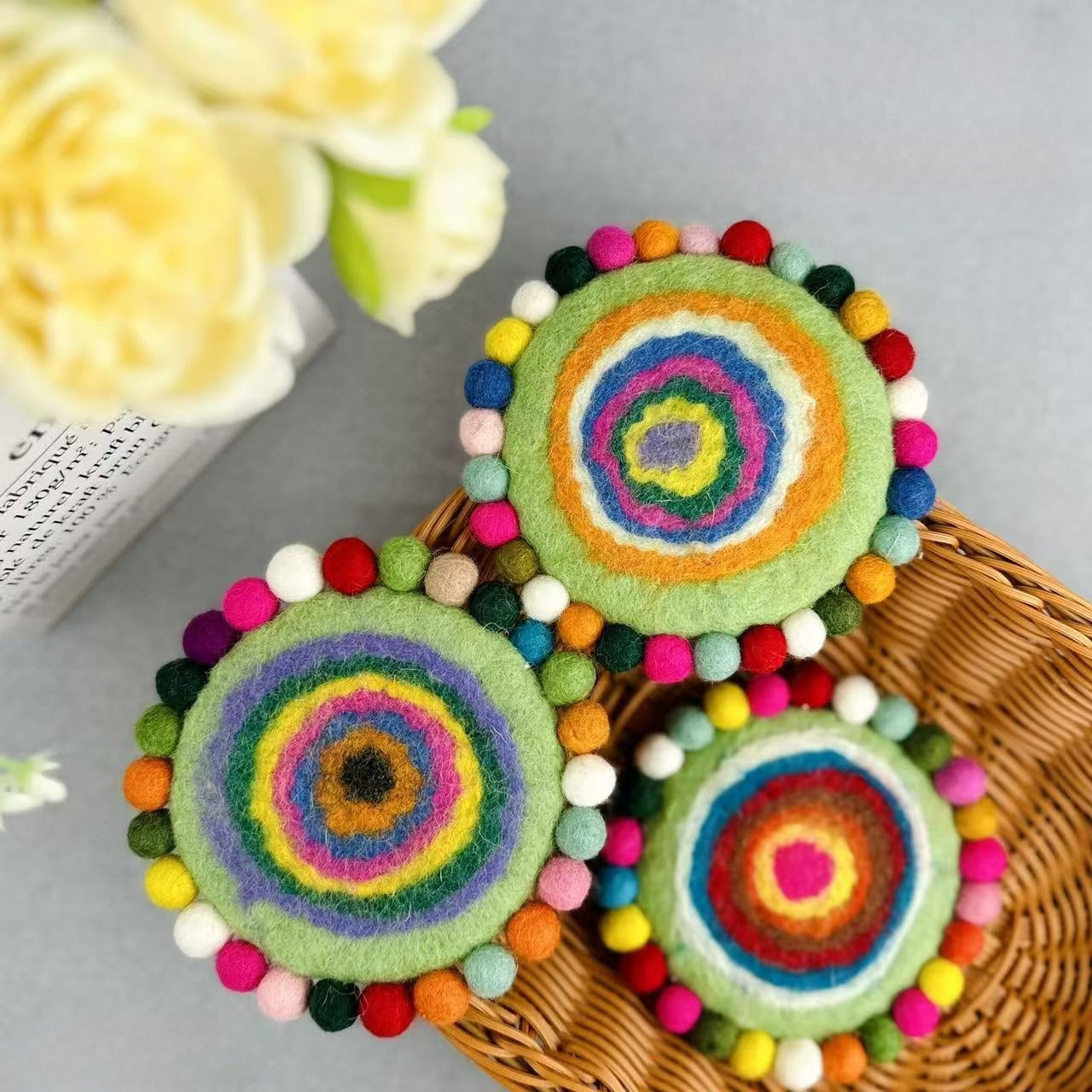 Handmade Felt Coaster Set Wool Dye Round Coasters Hot Pad Table Decor