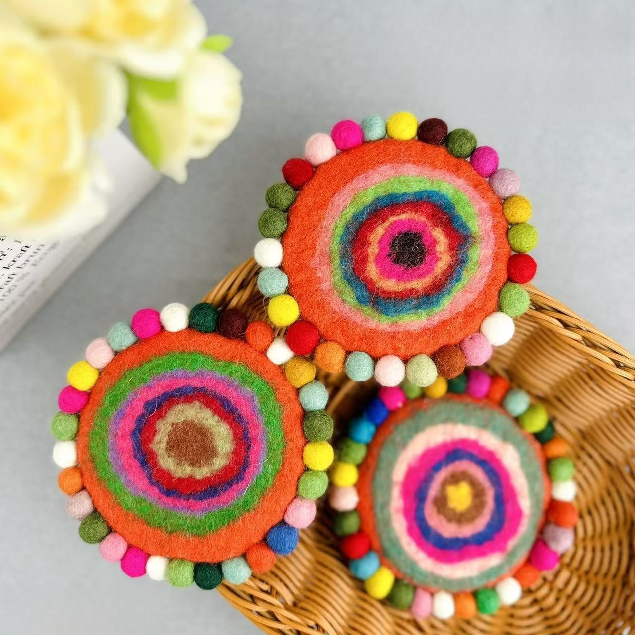 Handmade Felt Coaster Set Wool Dye Round Coasters Hot Pad Table Decor