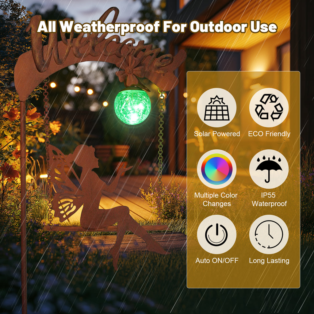 Solar Fairy Swing Light Rust Metal Welcome Garden Stake