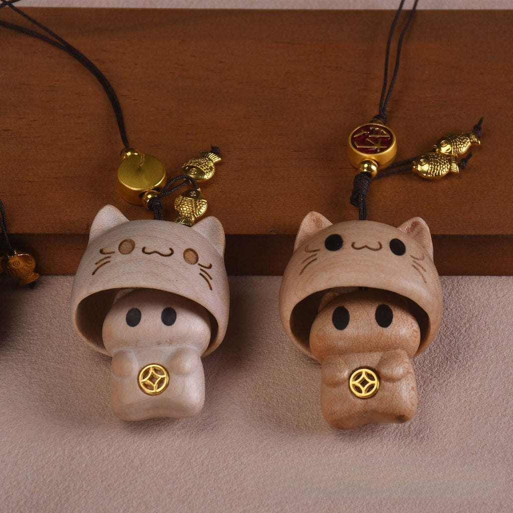 Wooden Cat Phone Charm Keychain Cute Animal Pendant