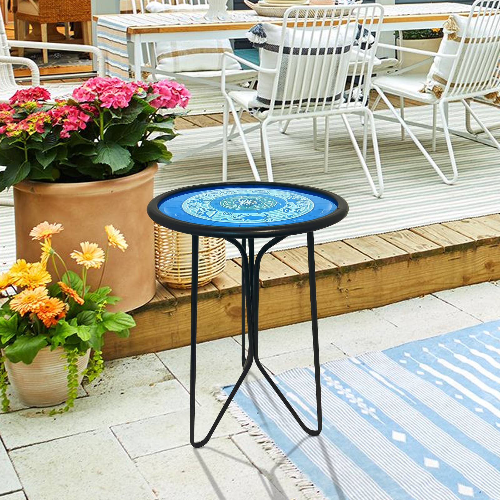Blue Ocean Mosaic Glass Side Table Coastal Patio Decor