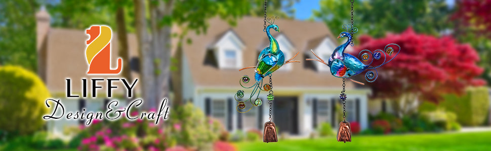 Blue Green Metal Glass Peacock Wind Chime Set of 2