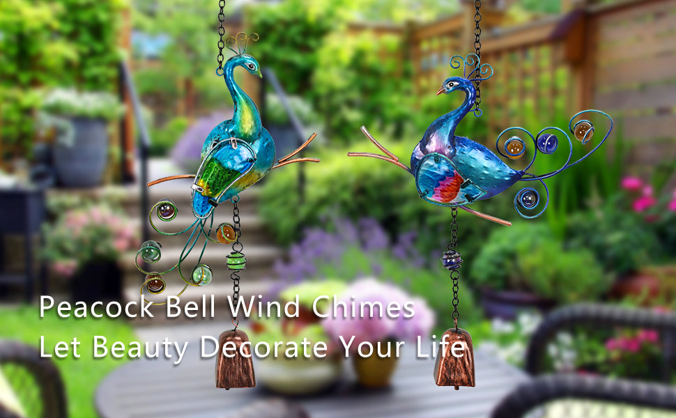 Blue Green Metal Glass Peacock Wind Chime Set of 2