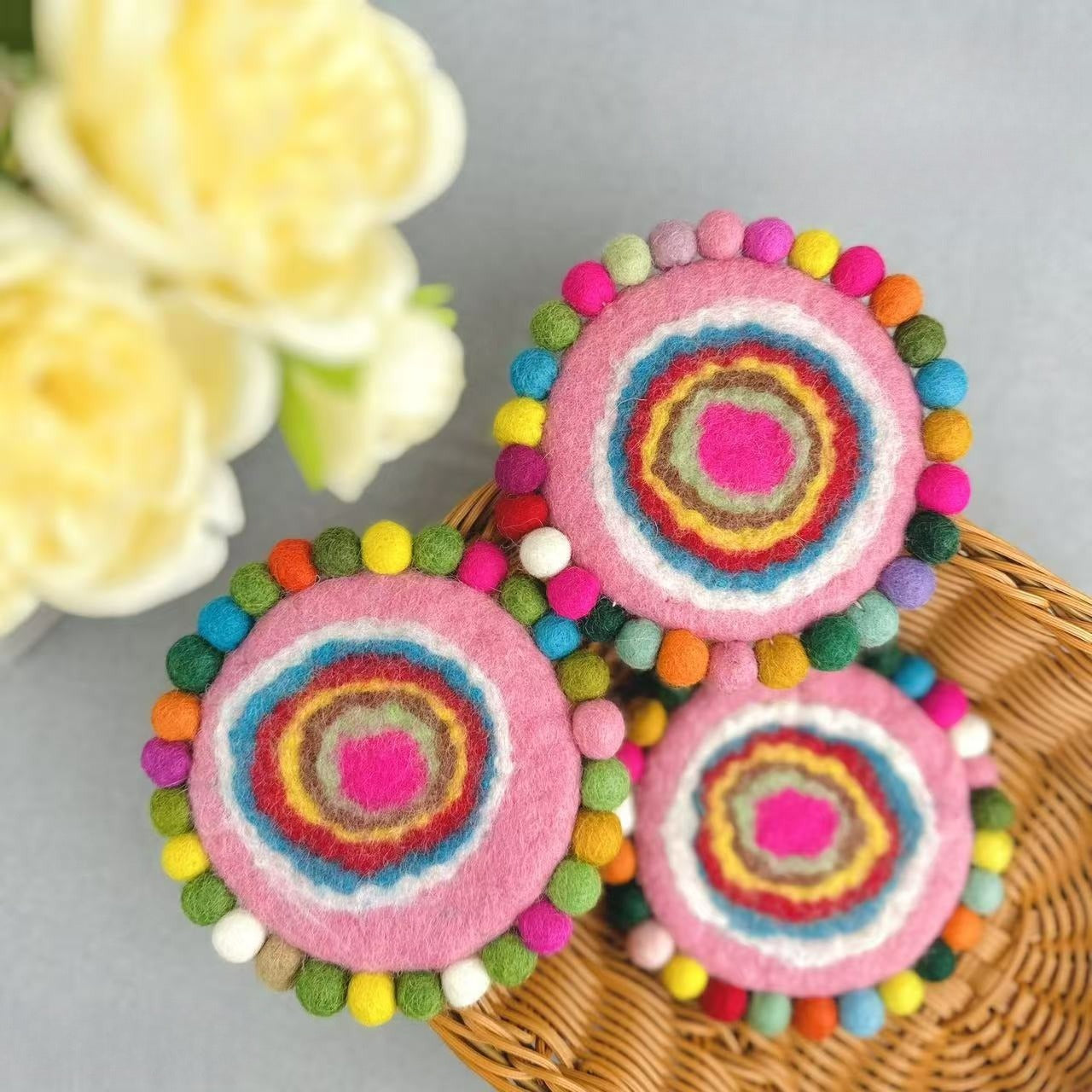 Handmade Felt Coaster Set Wool Dye Round Coasters Hot Pad Table Decor