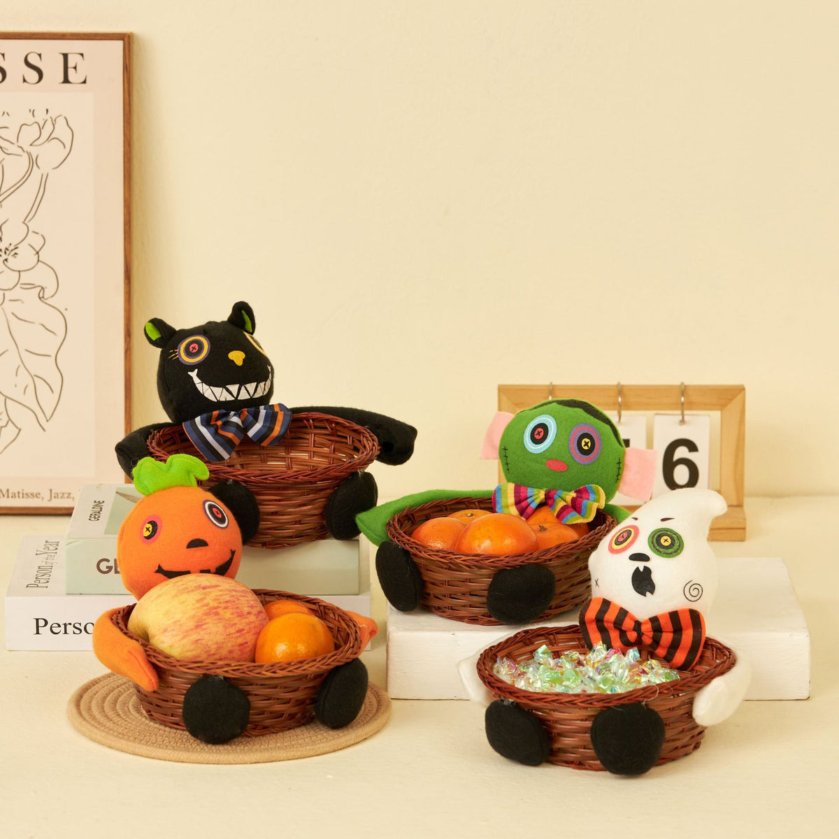 Halloween Wicker Treat Basket with Spooky Plush Decor