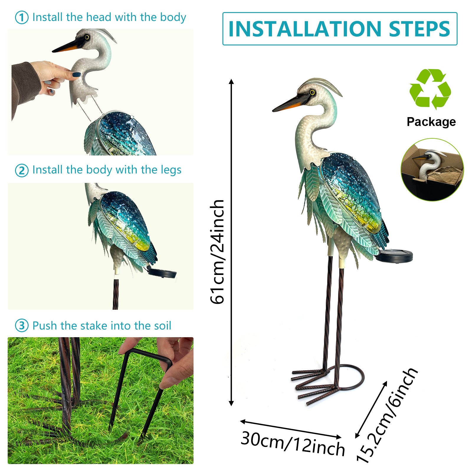 Blue Green Solar Metal Glass Heron Garden Statue 24in