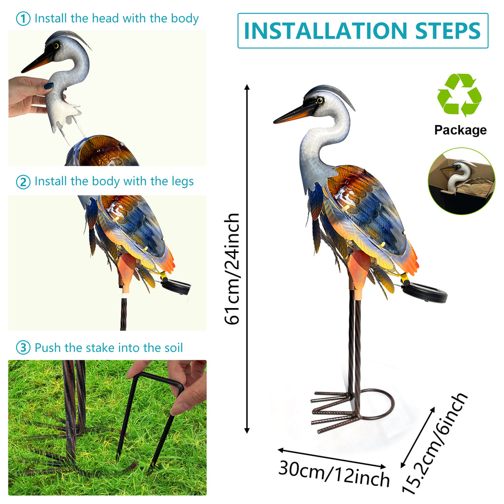 Orange Purple Solar Metal Glass Heron Garden Statue 24in