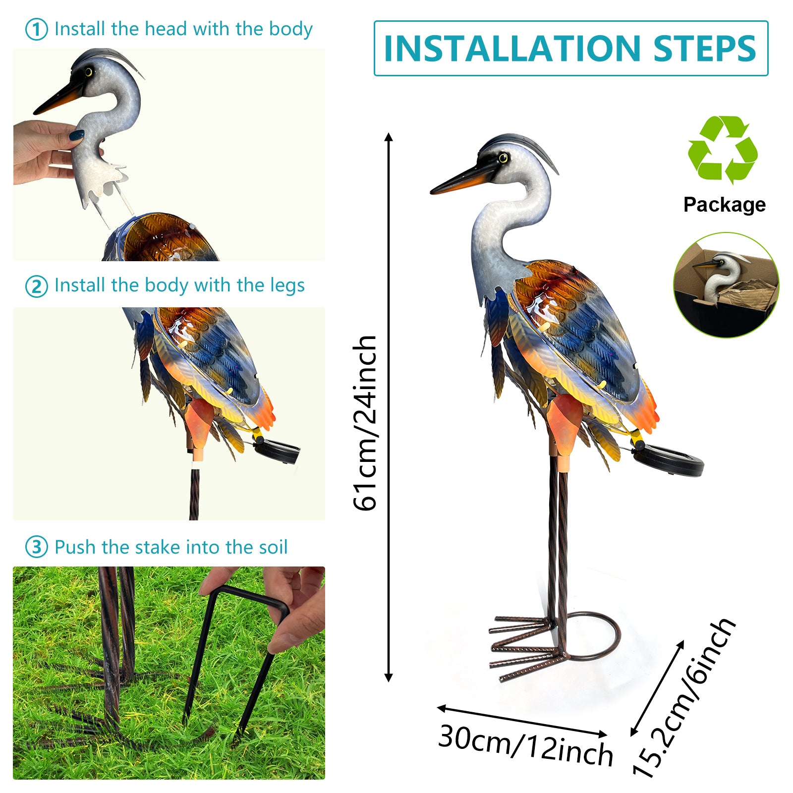 Orange Purple Solar Metal Glass Heron Garden Statue 24in