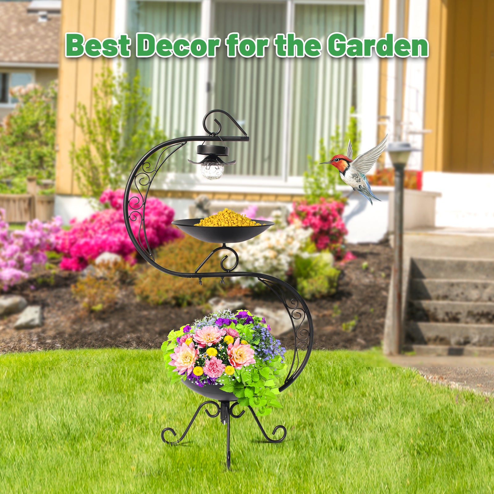 Black Solar Bird Bath Stand with Planter Base