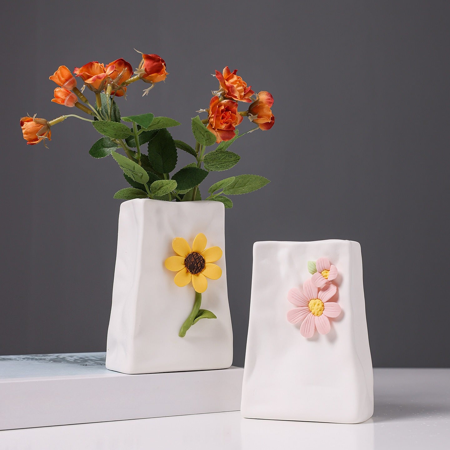Ceramic Flower Vase Modern Floral Relief Home Decor Accent
