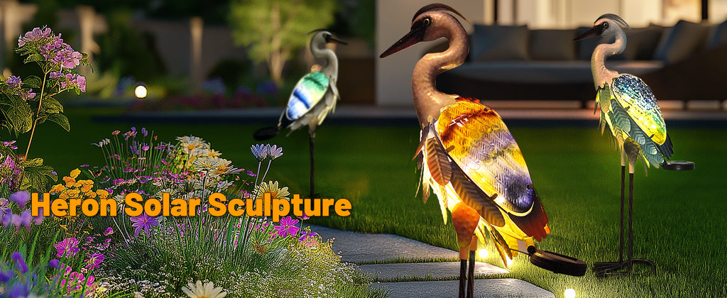 Orange Purple Solar Metal Glass Heron Garden Statue 24in