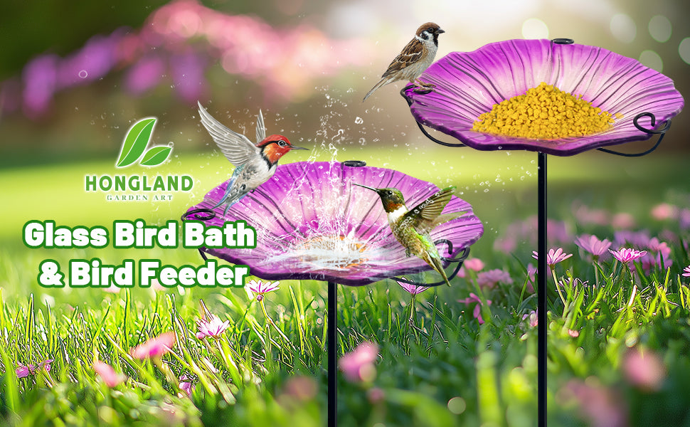 Purple Glass Flower Bird Bath Feeder Garden Stake