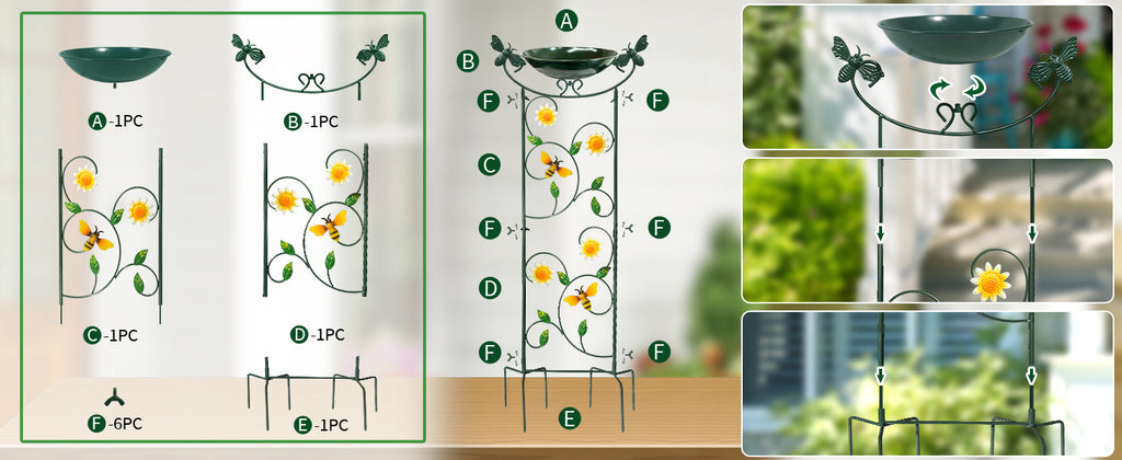 Green Bee Metal Bird Bath with Trellis Garden Decor