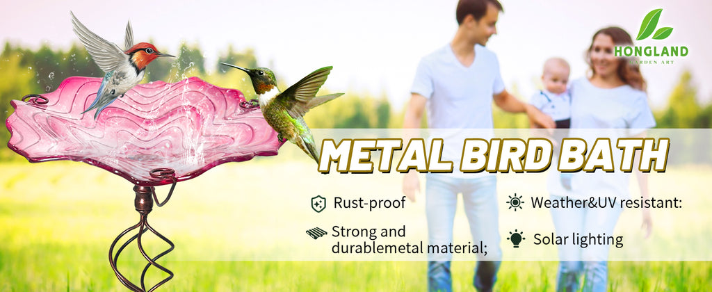 Pink Glass Metal Bird Feeder Garden Stake Decor