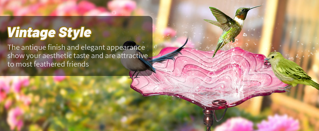 Pink Glass Metal Bird Feeder Garden Stake Decor