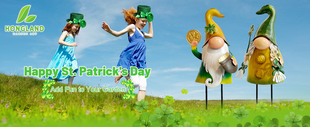 St Patrick Day Metal Gnome Statue Set of 2 Outdoor Yard Decor