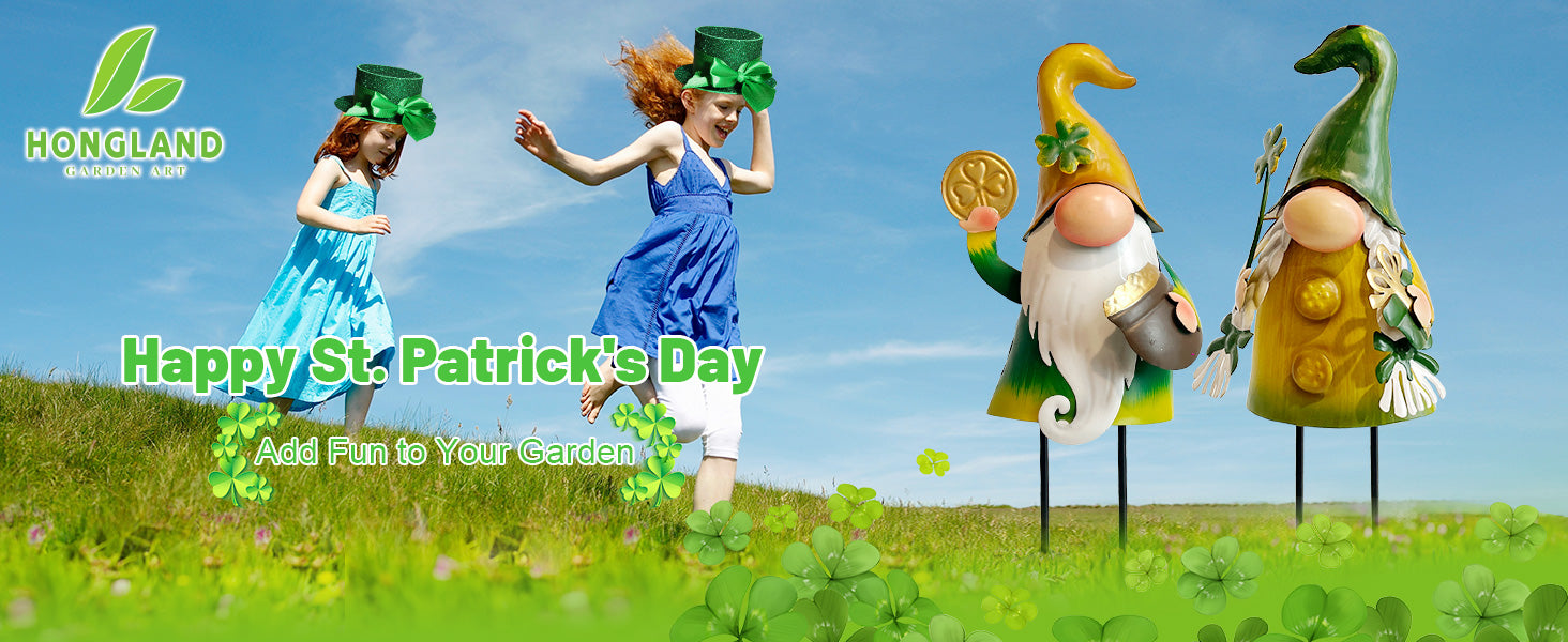 St Patrick Day Metal Gnome Statue Set of 2 Outdoor Yard Decor