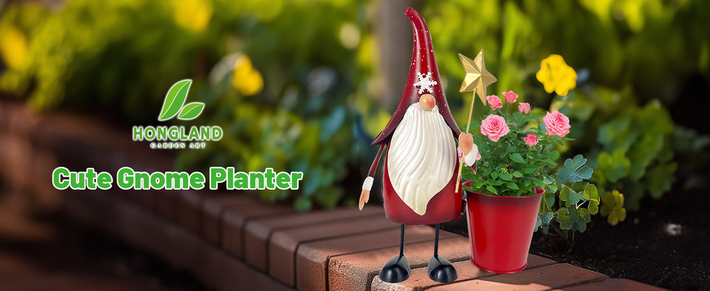Christmas Gnome Planter Statue with Red Metal Pot 13 inch