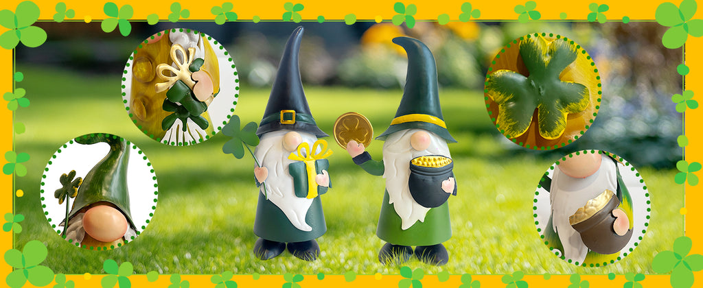 St. Patrick’s Day Gnome Set with Shamrock and Pot of Gold Decor