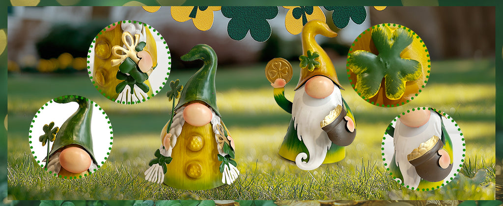 St Patrick Day Metal Gnome Statue Set of 2 Outdoor Yard Decor