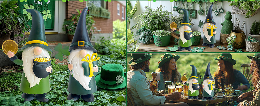 St. Patrick’s Day Gnome Set with Shamrock and Pot of Gold Decor