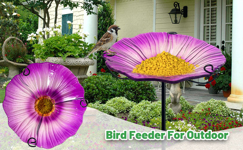Purple Glass Flower Bird Bath Feeder Garden Stake