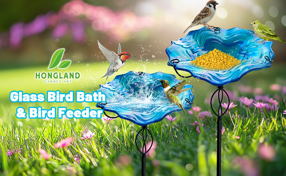 Blue Ripple Glass Bird Bath Feeder with Metal Stake