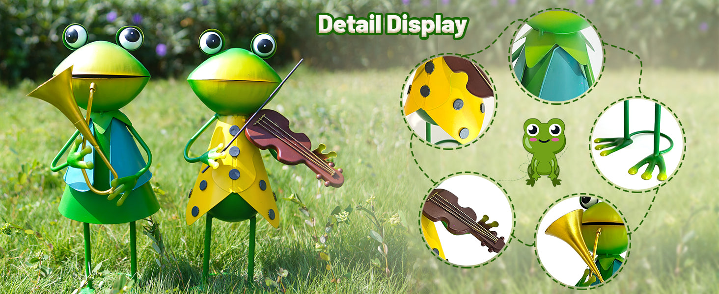 Metal Frog Musician Statue Set of 2 Garden Yard Decor 15 Inch