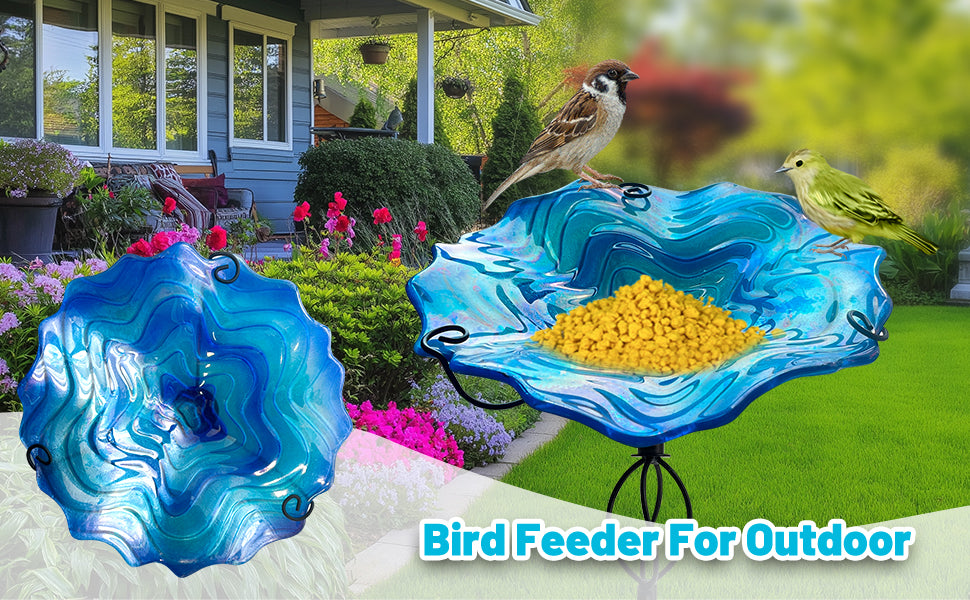 Blue Ripple Glass Bird Bath Feeder with Metal Stake