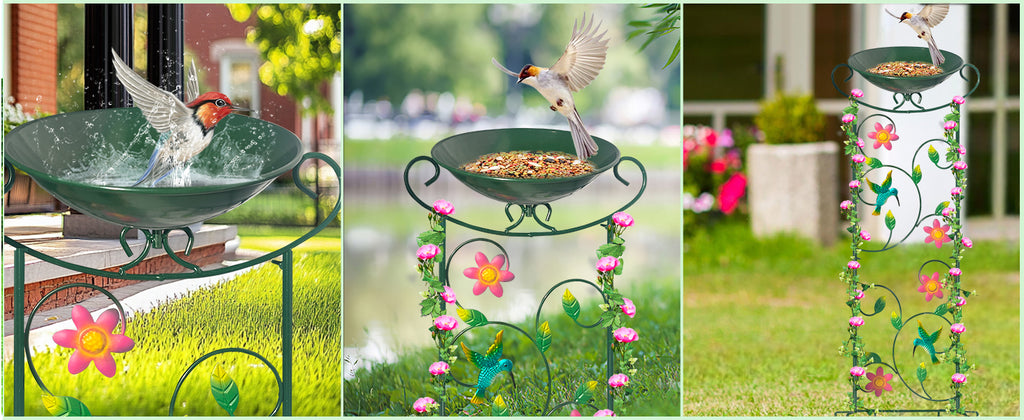 Green Hummingbird Metal Bird Bath Feeder Garden Stake