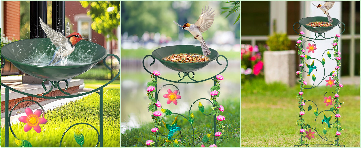 Green Hummingbird Metal Bird Bath Feeder Garden Stake