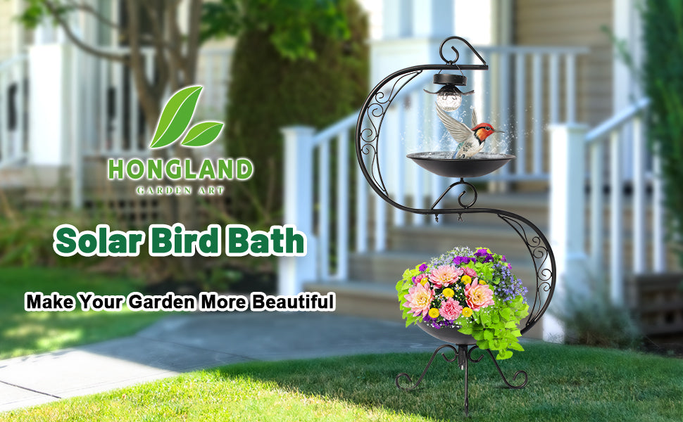 Black Solar Bird Bath Stand with Planter Base
