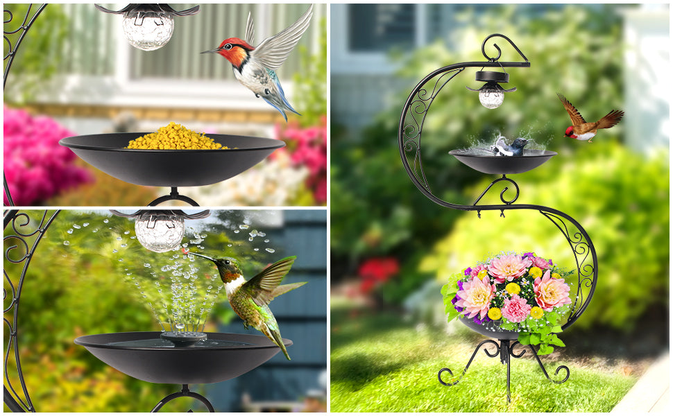 Black Solar Bird Bath Stand with Planter Base