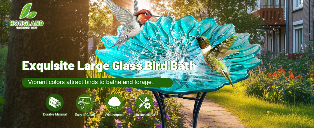 Green Glass Bird Bath with Metal Stand Garden Decor