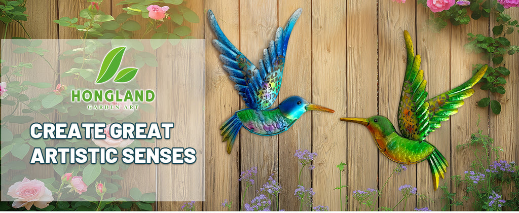 Outdoor Metal Hummingbird Wall Art Glass Garden Decor Set