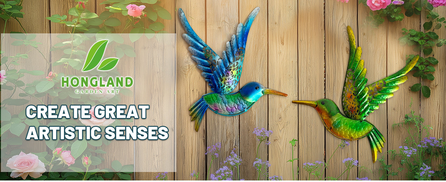 Outdoor Metal Hummingbird Wall Art Glass Garden Decor Set