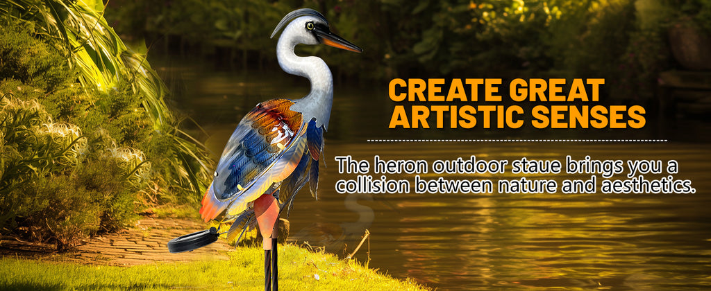 Orange Purple Solar Metal Glass Heron Garden Statue 24in